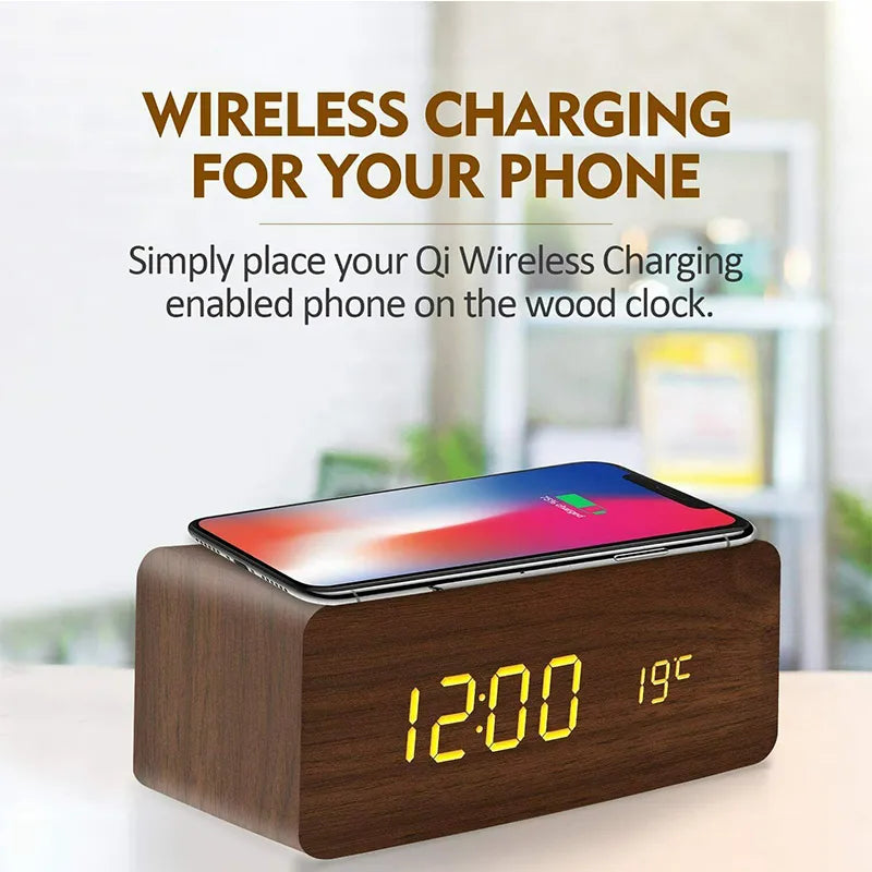Wooden Wireless Charging Digital Alarm Clock